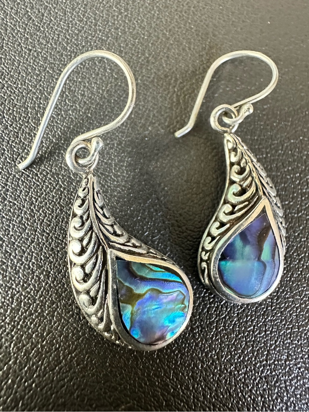 Vintage Sterling Silver 925 Abalone Shell Teardrop Scroll Dangle Drop Earrings